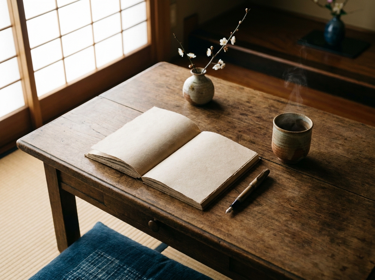 木の机の上の白紙の和紙のノート・万年筆・湯呑み・一輪挿し